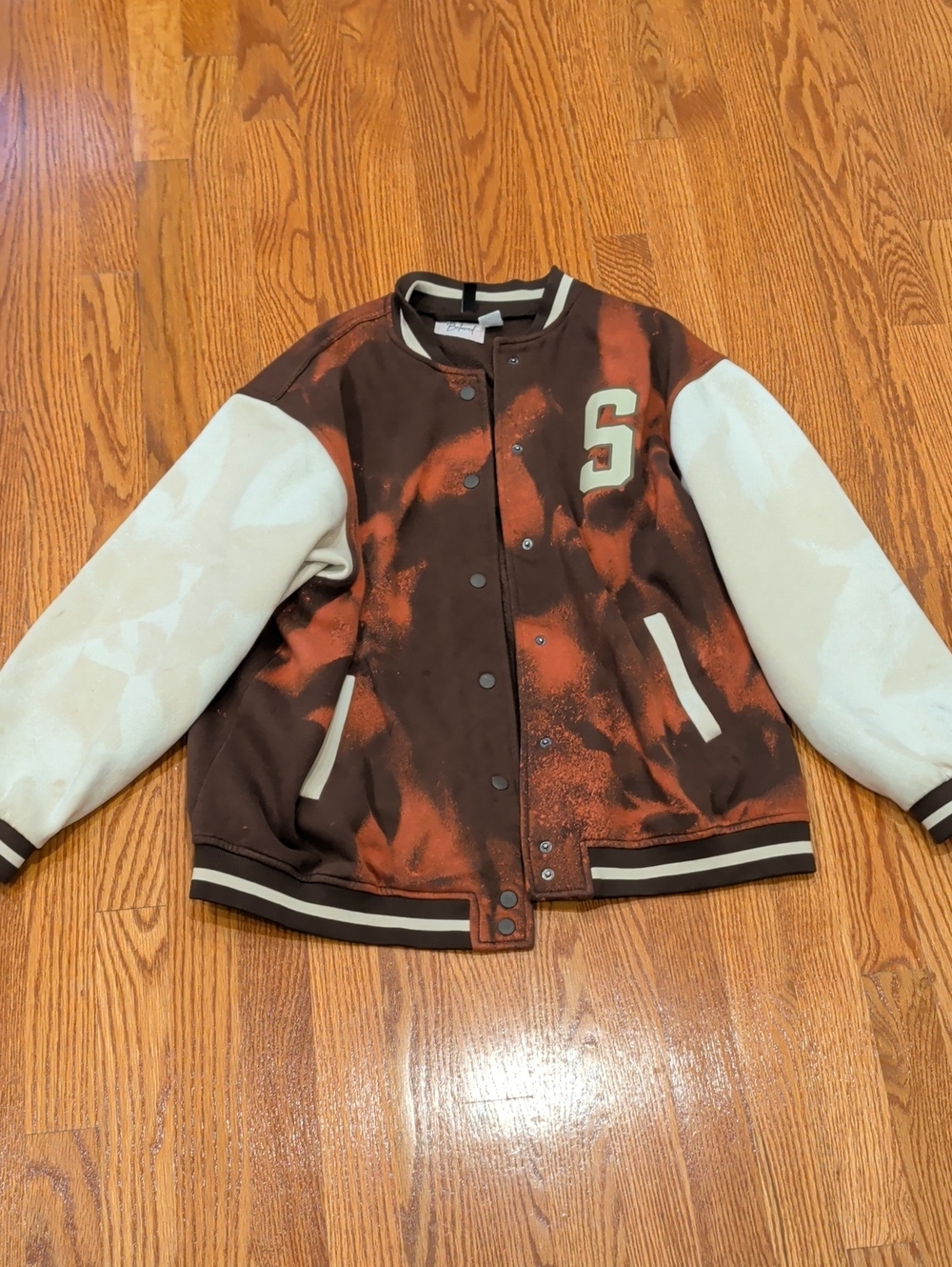 Oversized Hand crafted Bleached Brown/Cream Seattle Letterman Jacket - S Adult